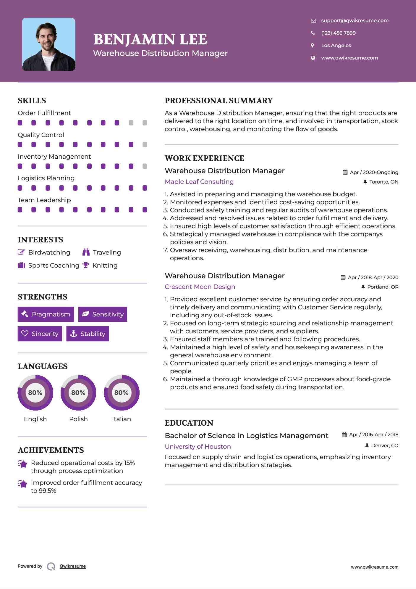 Warehouse Distribution Manager Resume Template