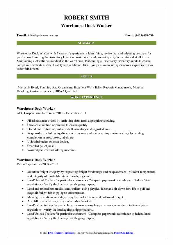 Warehouse Dock Worker Resume Samples QwikResume