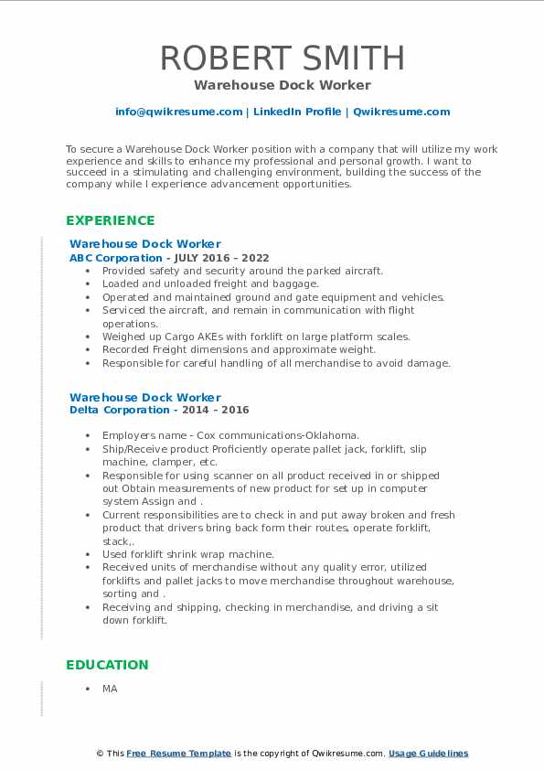 Warehouse Dock Worker Resume Samples QwikResume
