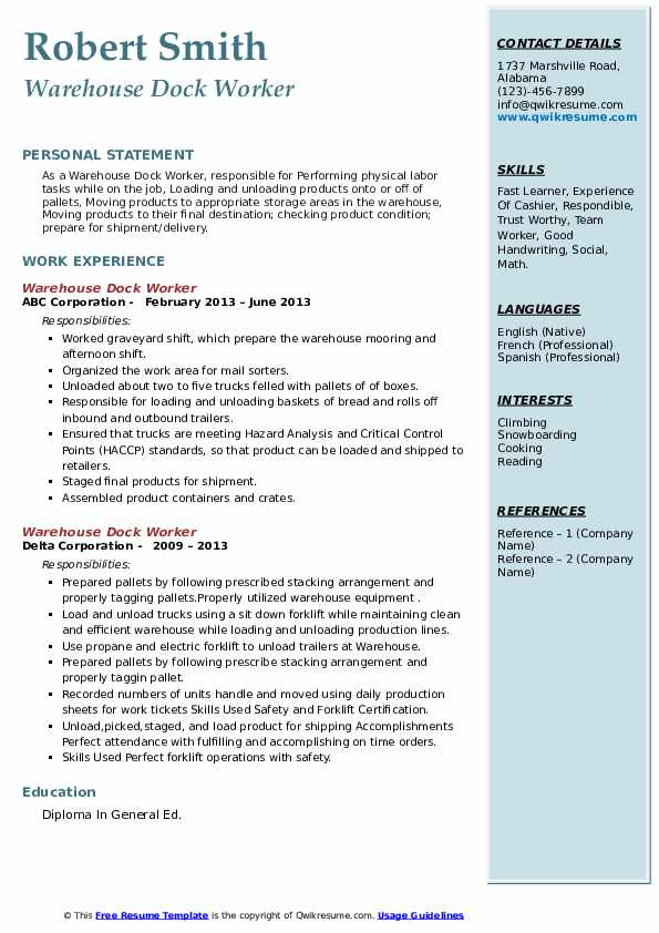 Warehouse Dock Worker Resume Samples QwikResume