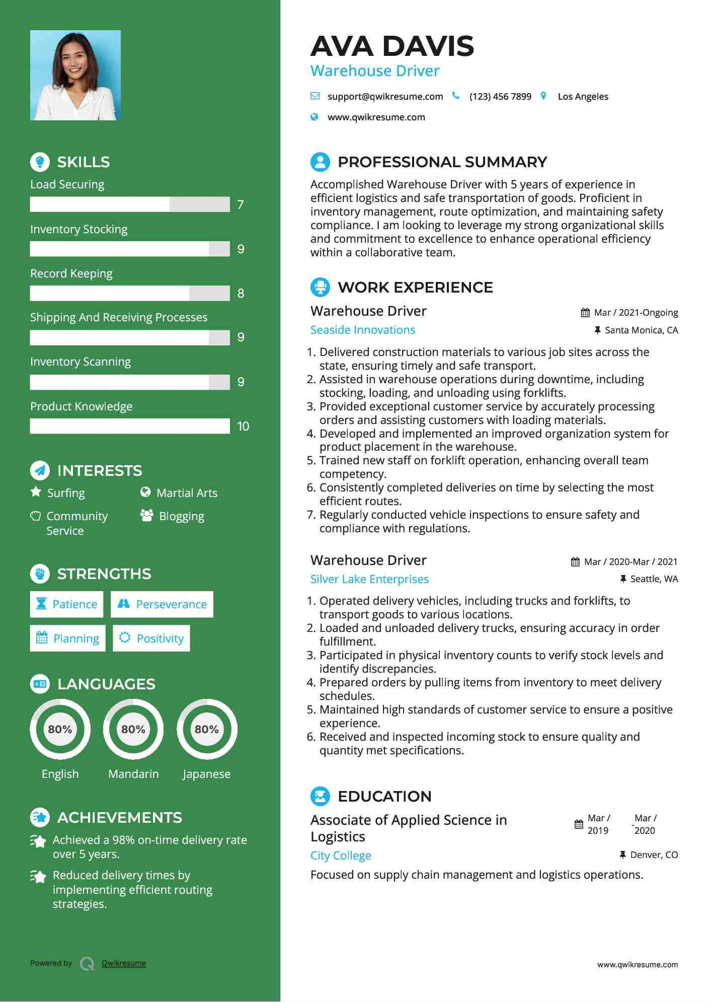 Warehouse Driver Resume Template