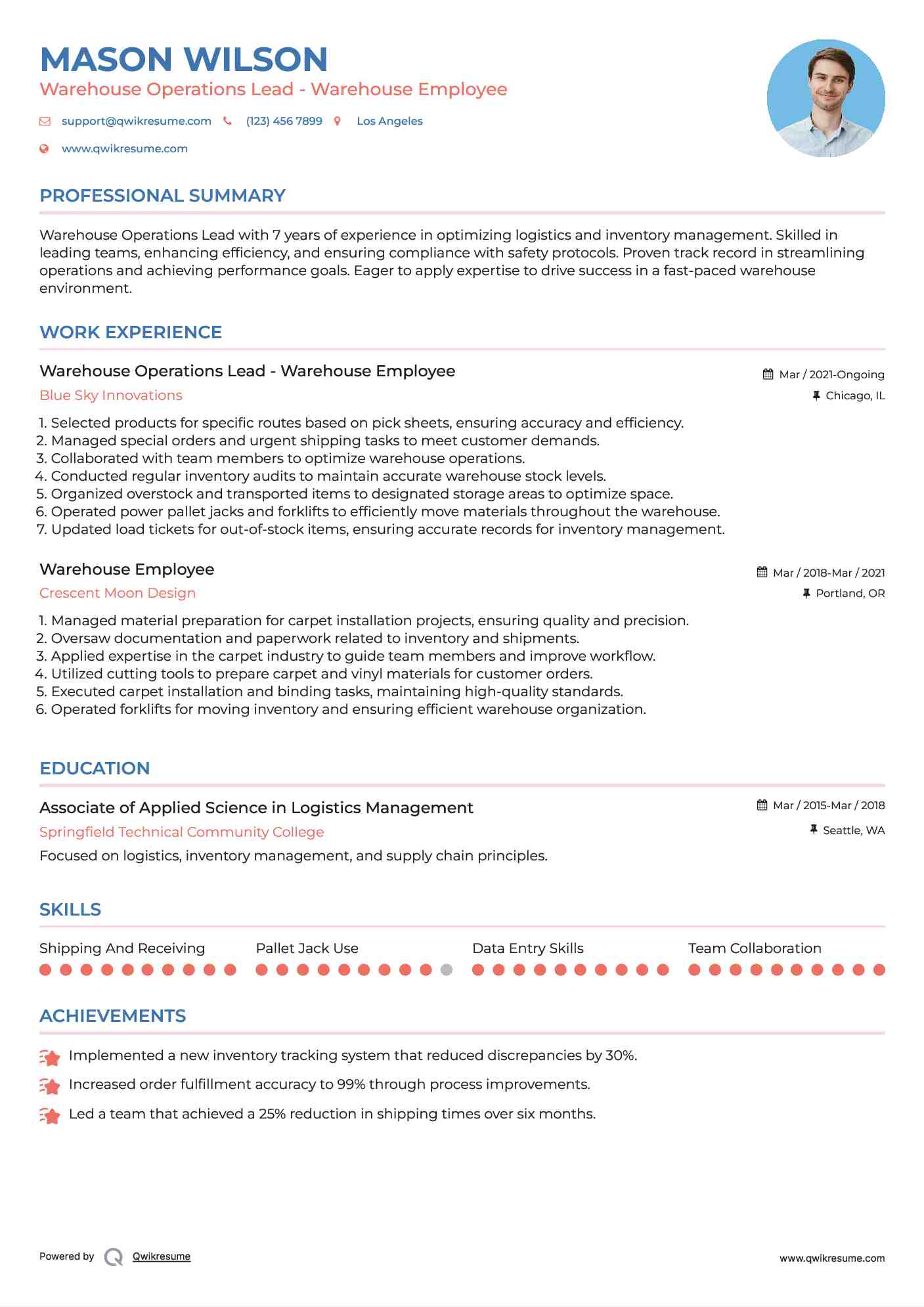 Warehouse Operations Lead - Warehouse Employee Resume Example