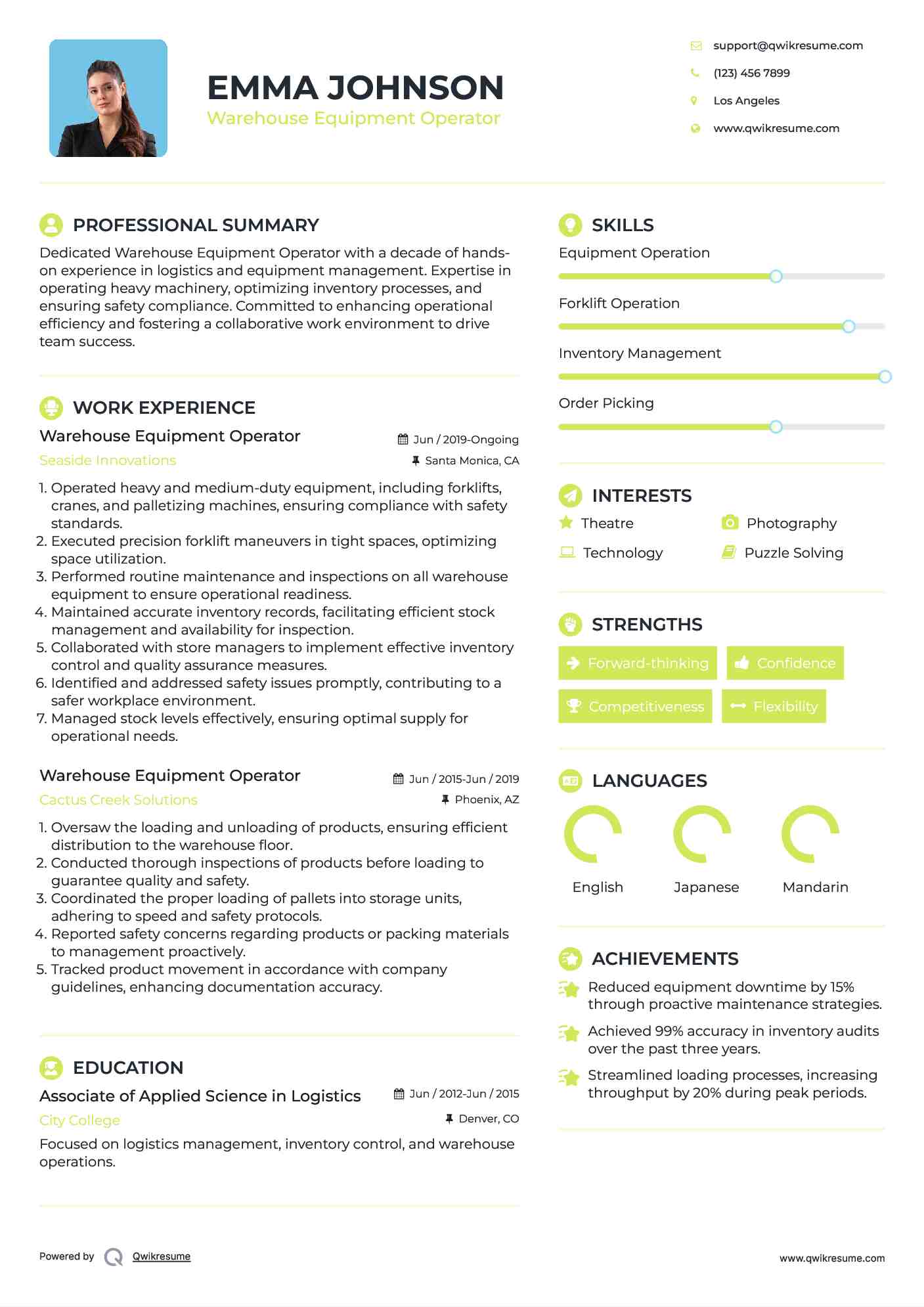 Warehouse Equipment Operator Resume Format