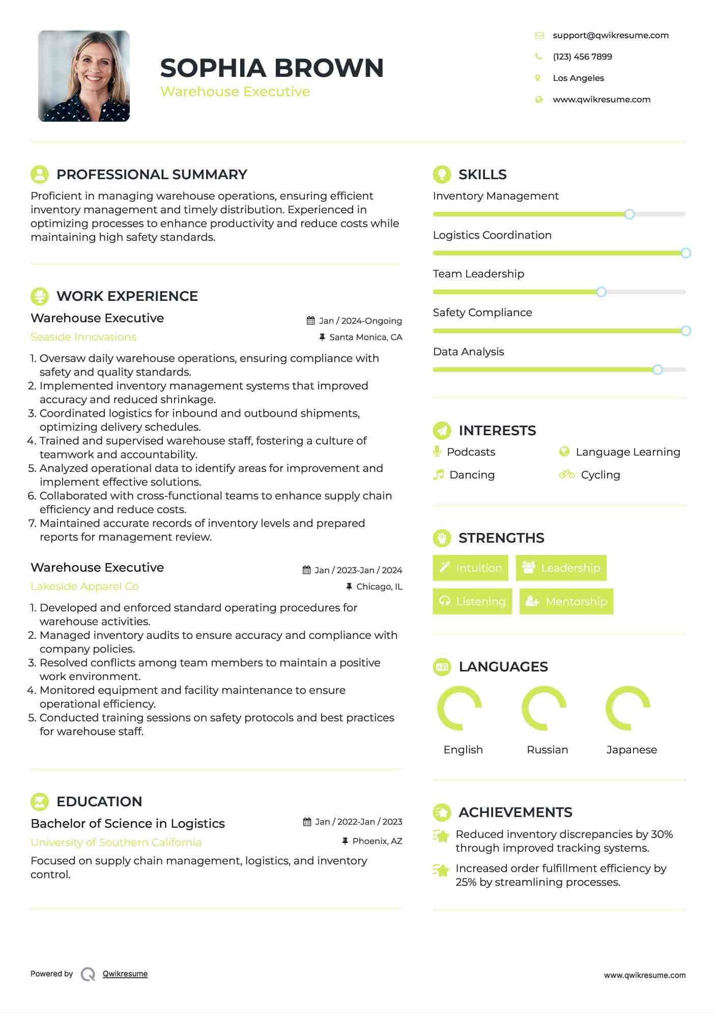 Warehouse Executive Resume Sample