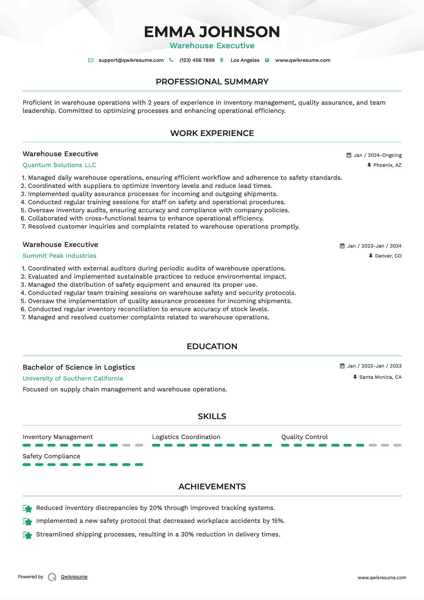 Warehouse Executive Resume Format