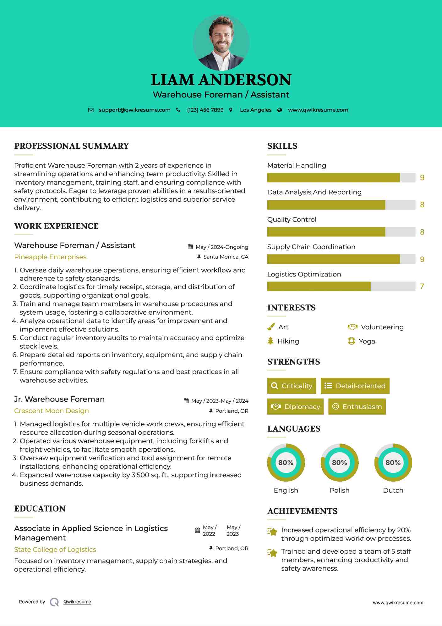 Warehouse Foreman / Assistant Resume Sample
