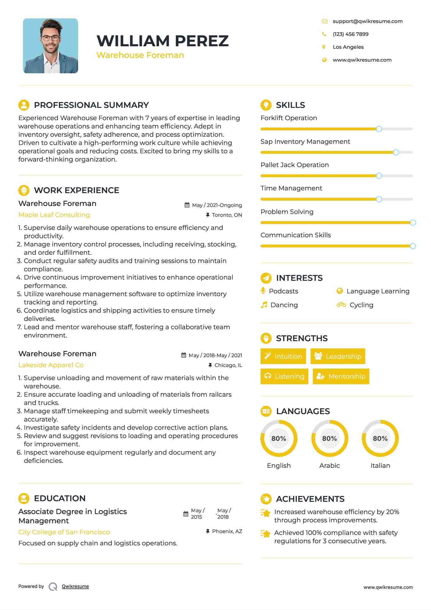 Warehouse Foreman Resume Format