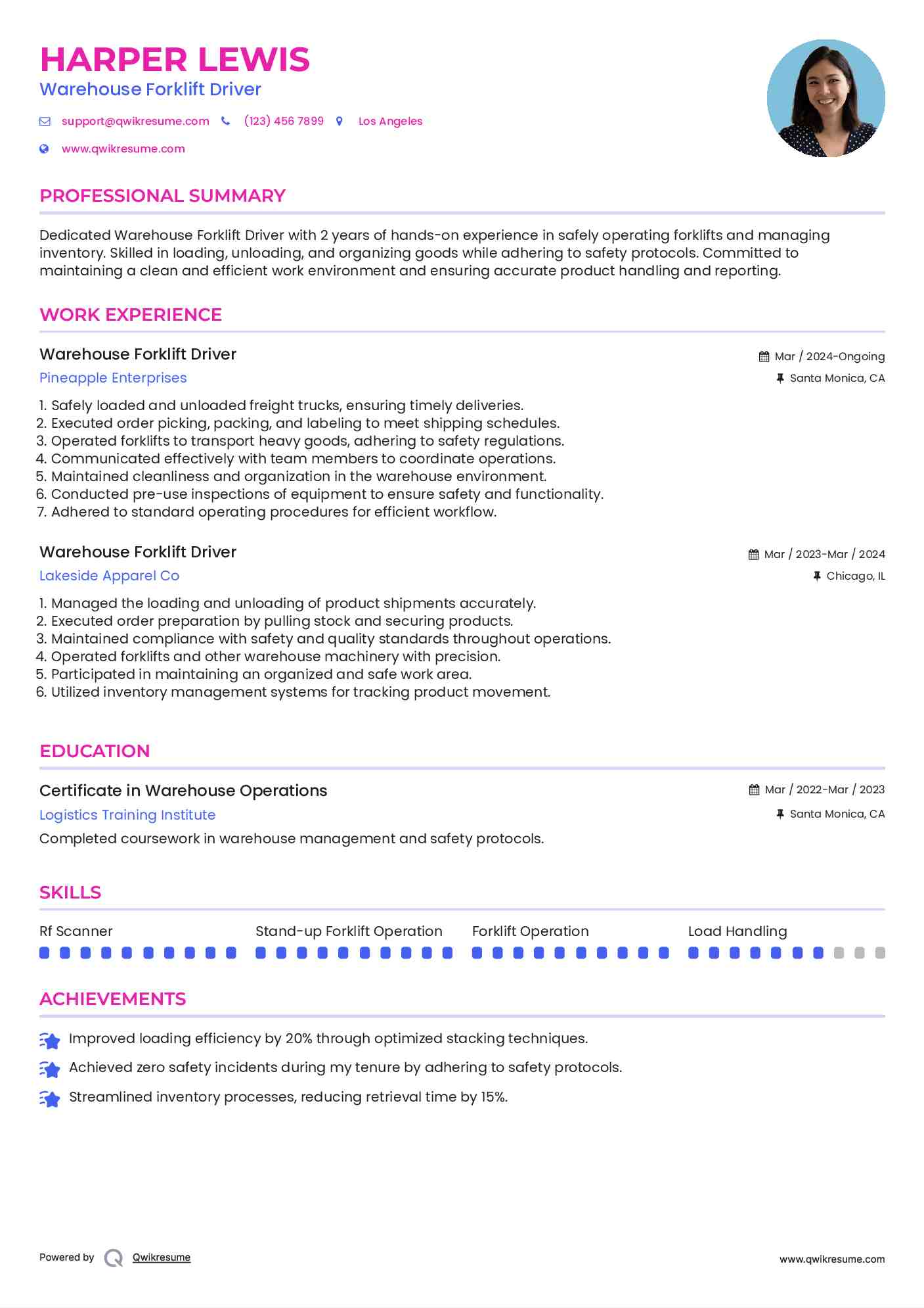 Warehouse Forklift Driver Resume Format