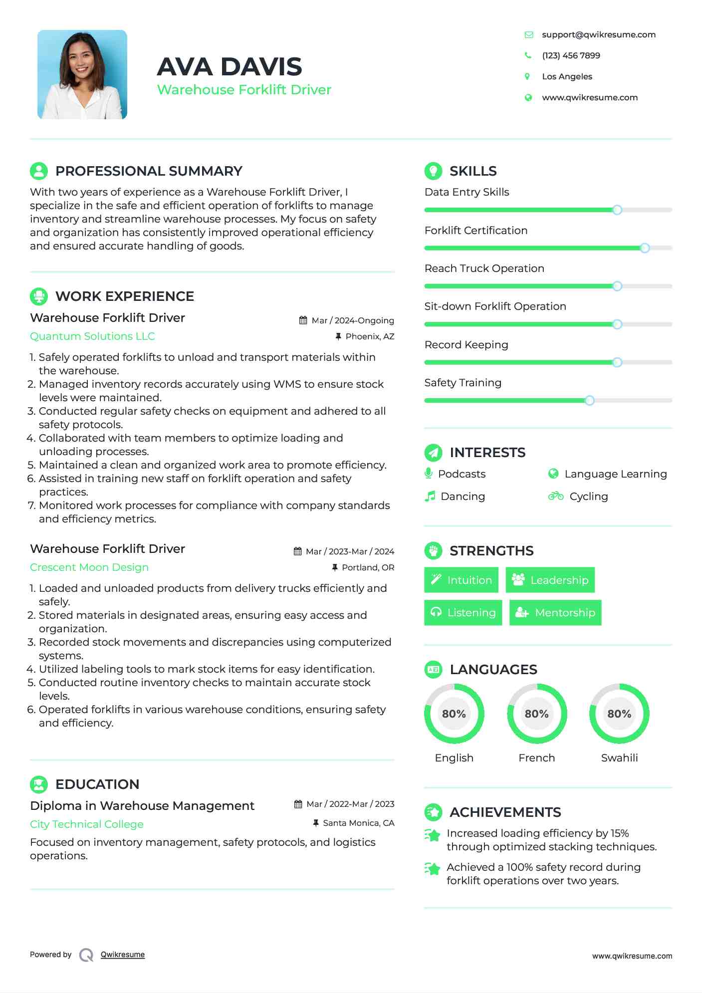 Warehouse Forklift Driver Resume Format