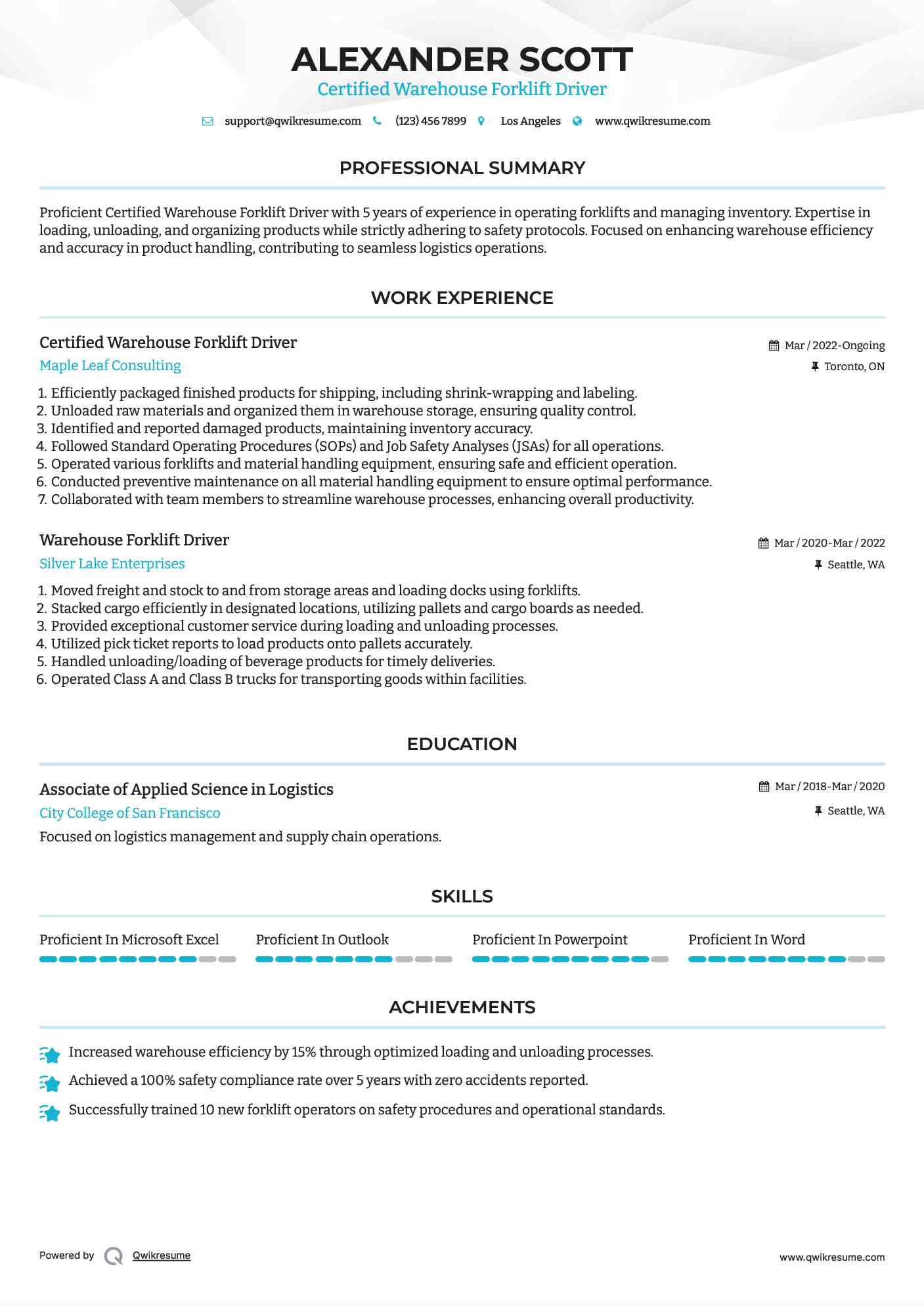 Certified Warehouse Forklift Driver Resume Model