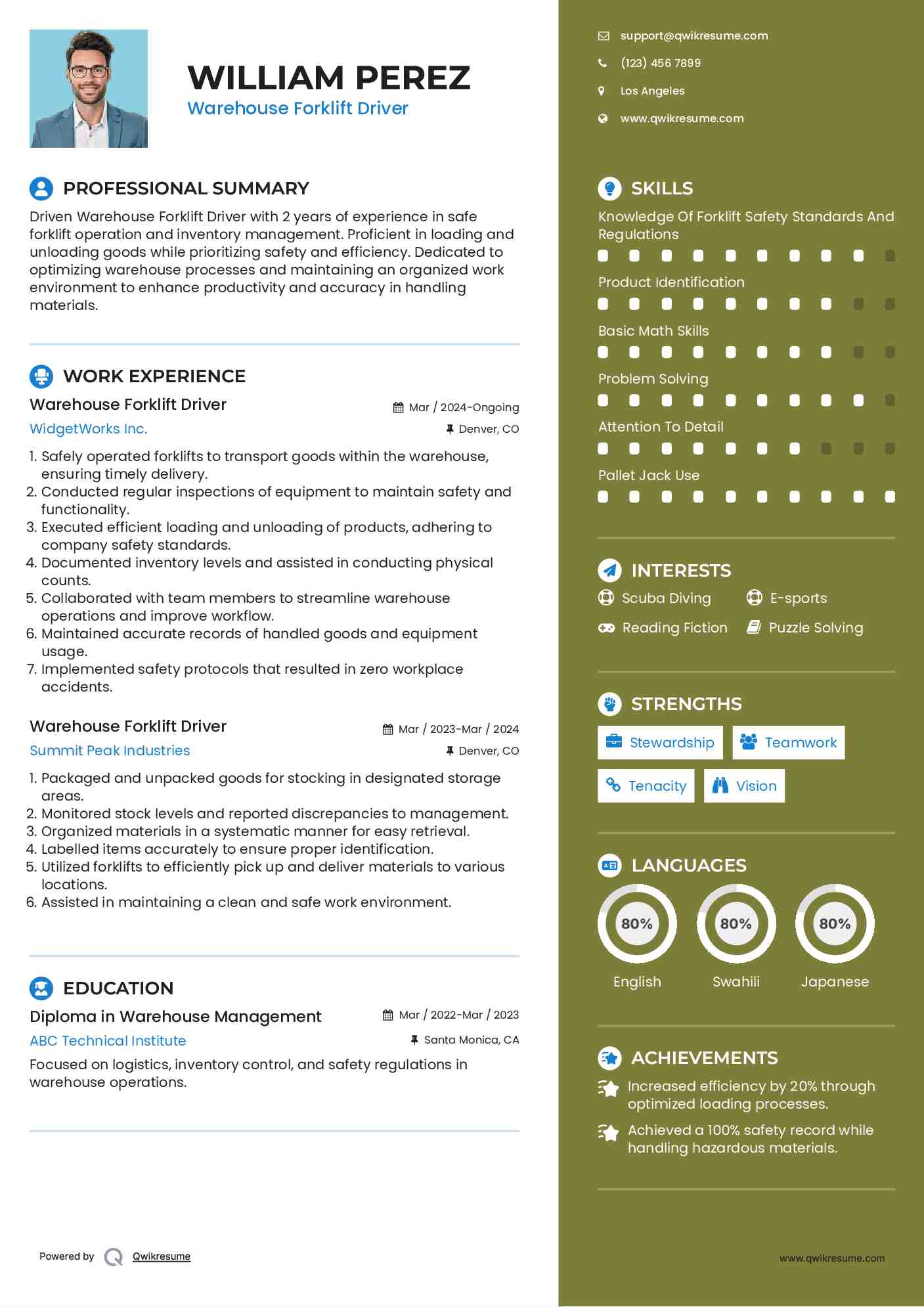 Warehouse Forklift Driver Resume Model