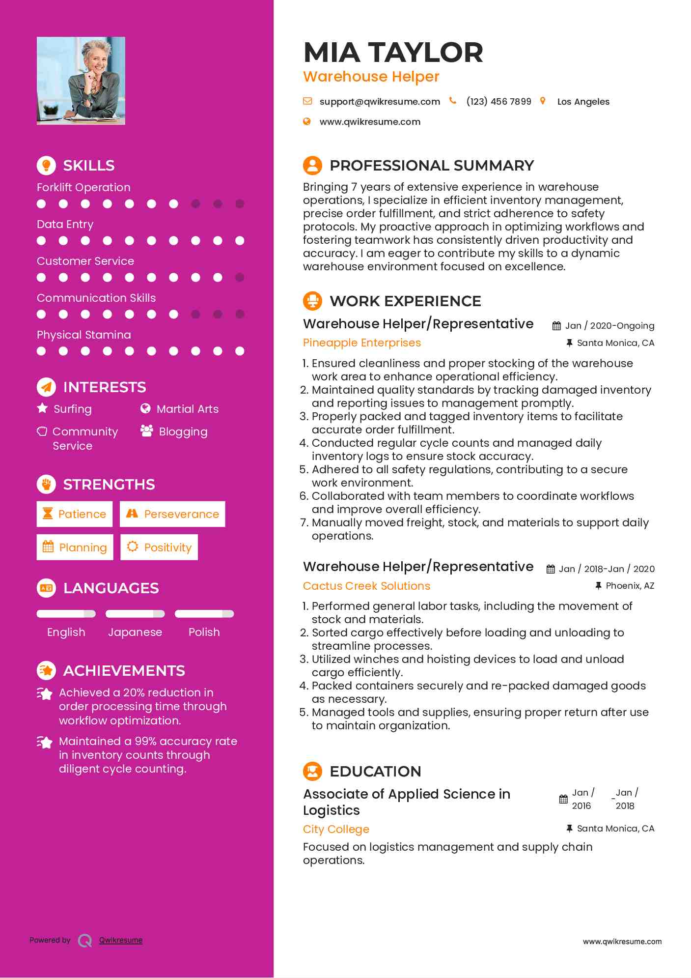 Warehouse Helper/Representative Resume Sample