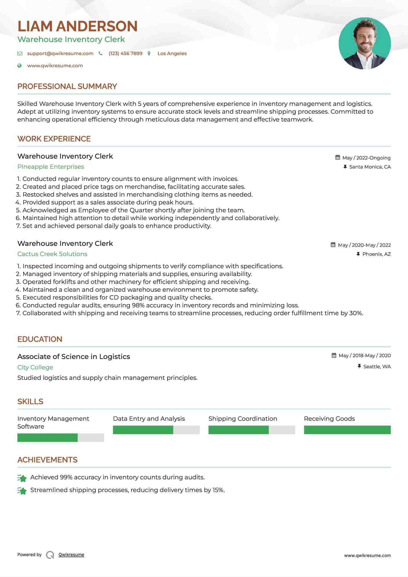 Warehouse Inventory Clerk Resume Template