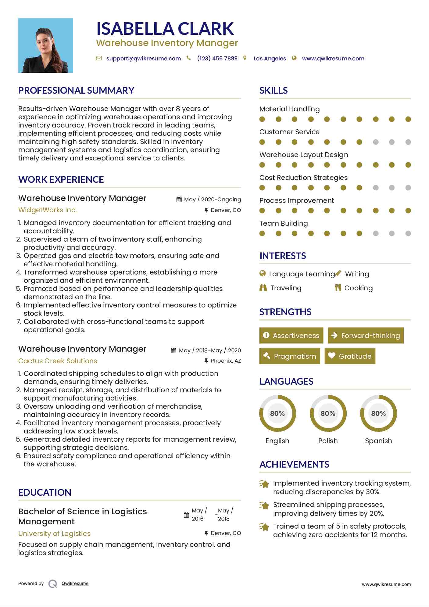 Warehouse Inventory Manager Resume Format