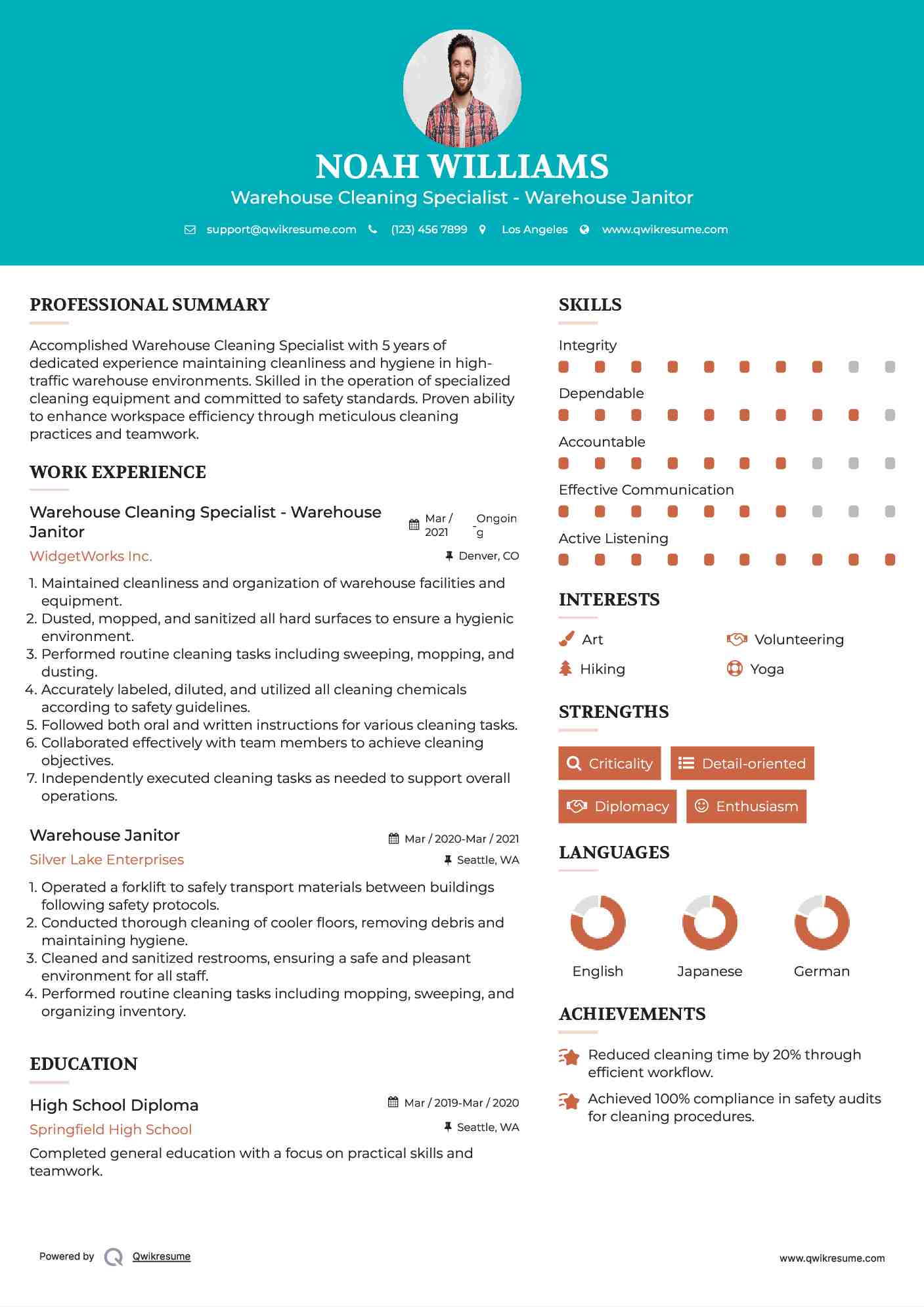 Warehouse Cleaning Specialist - Warehouse Janitor Resume Format