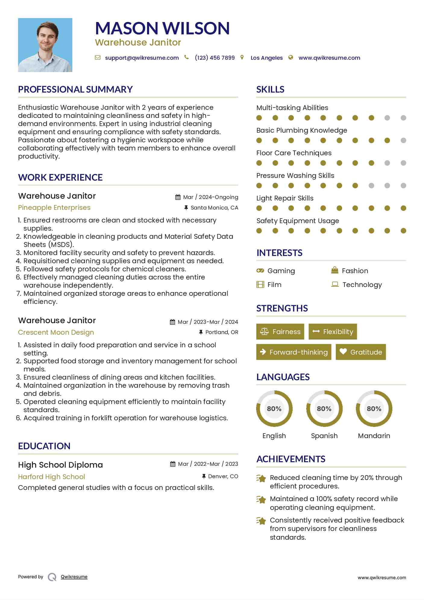 Warehouse Janitor Resume Format