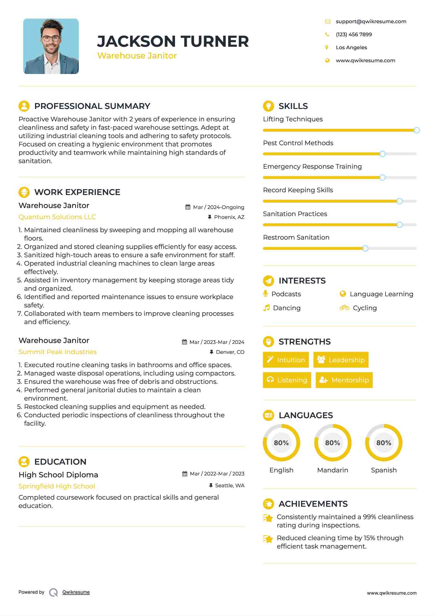 Warehouse Janitor Resume Example