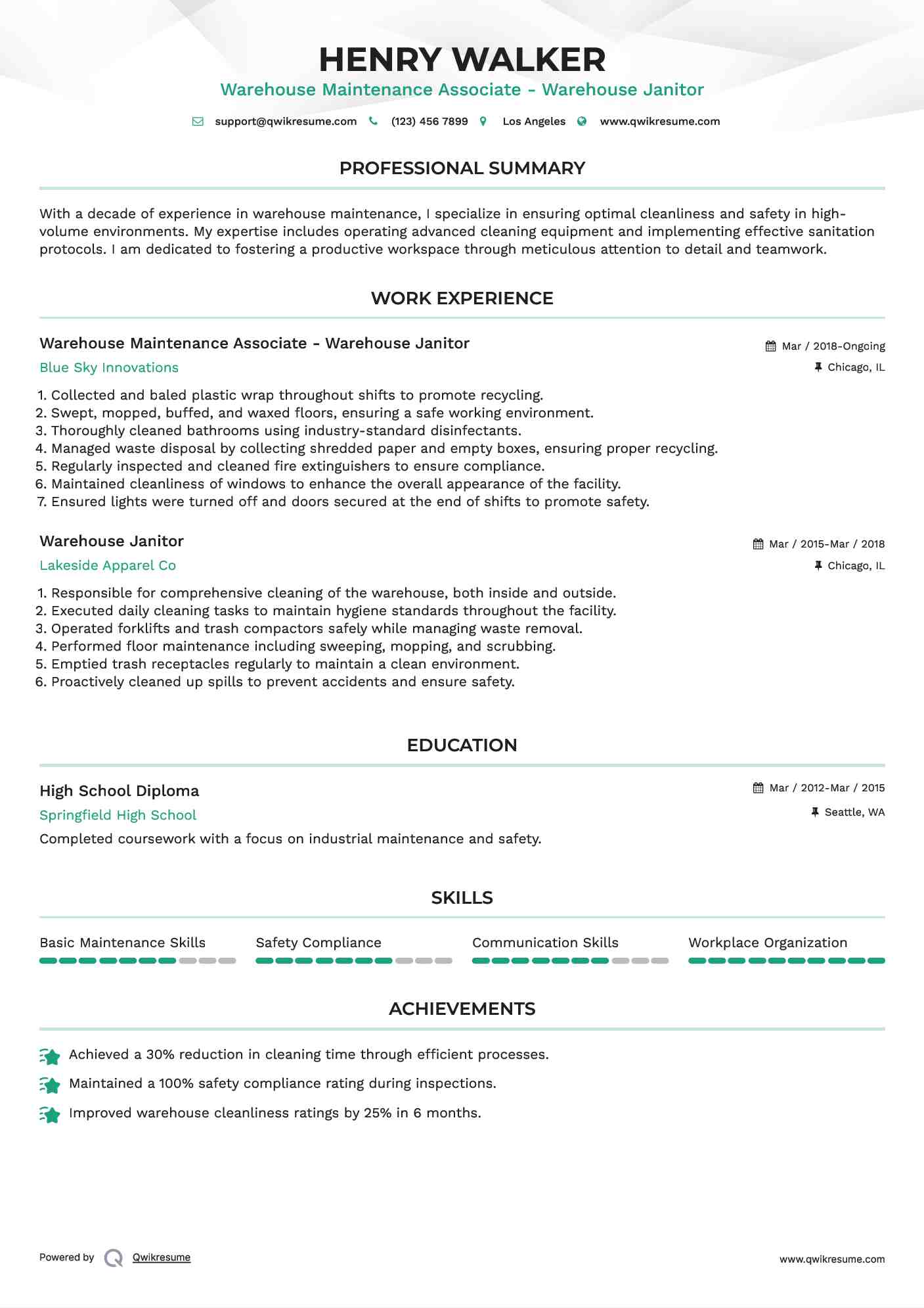 Warehouse Maintenance Associate - Warehouse Janitor Resume Sample