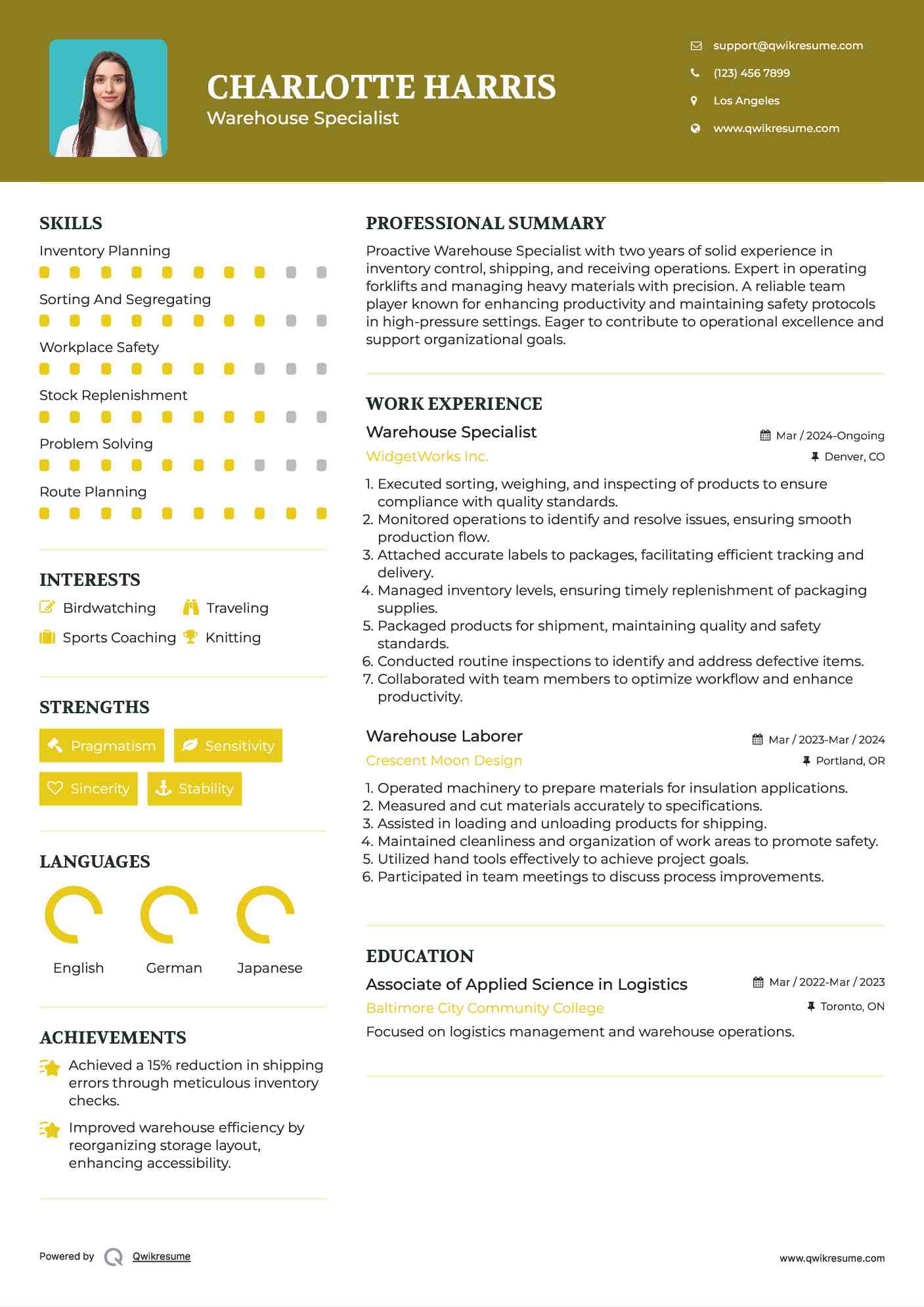 Warehouse Specialist Resume Template