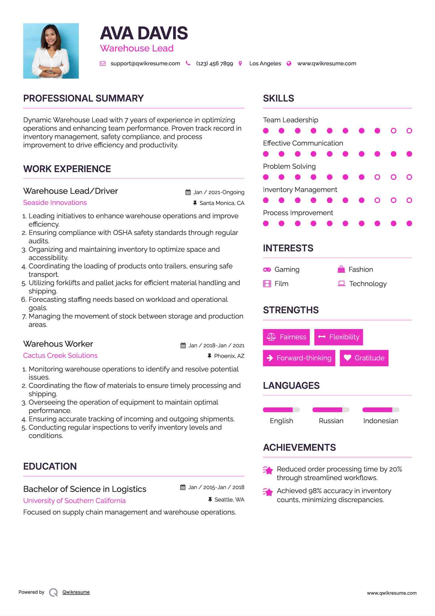 Warehouse Lead/Driver Resume Sample