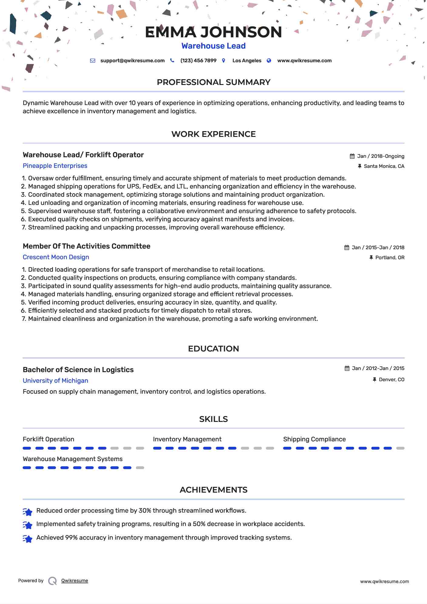 Warehouse Lead/ Forklift Operator Resume Model