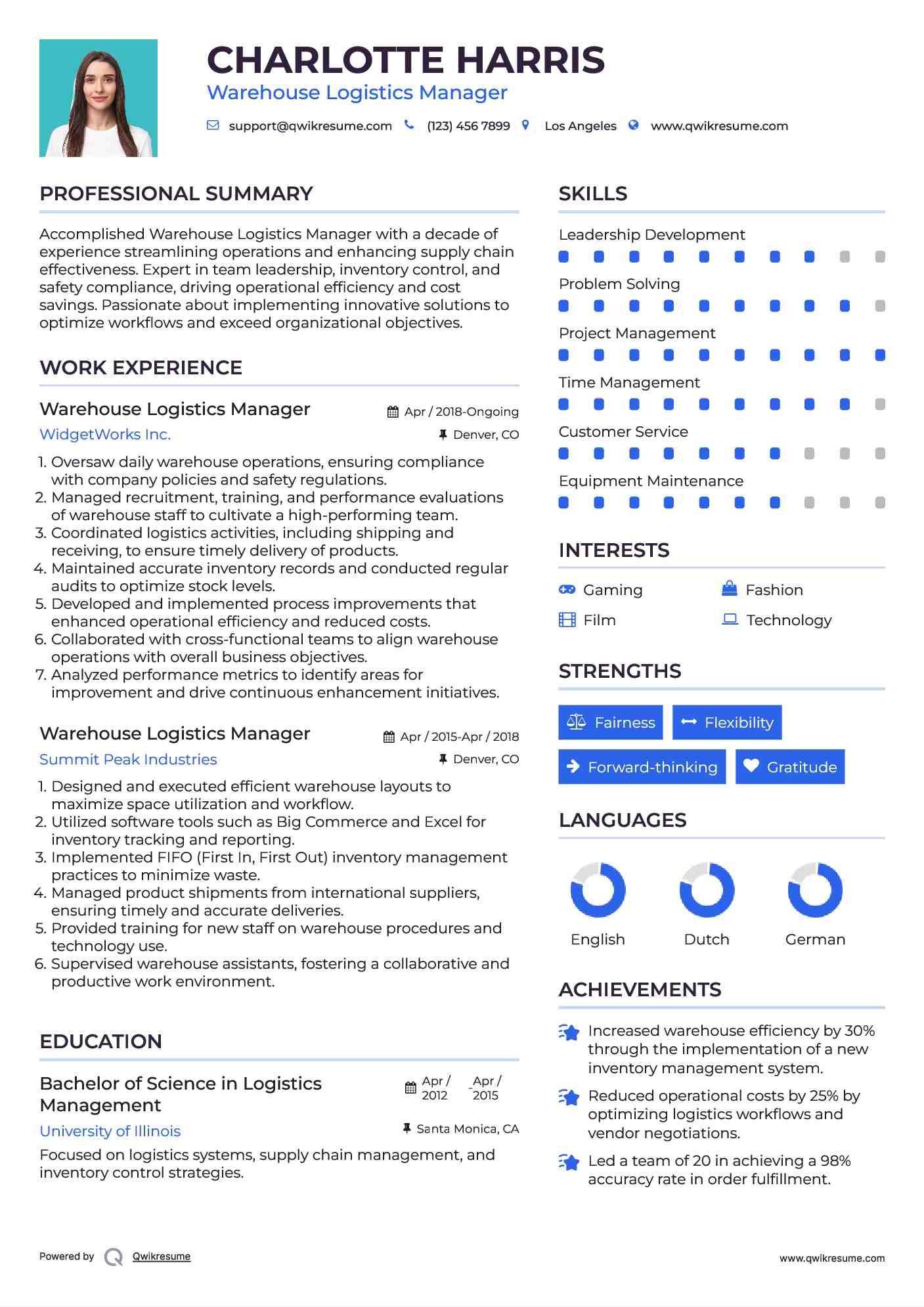 Warehouse Logistics Manager Resume Sample