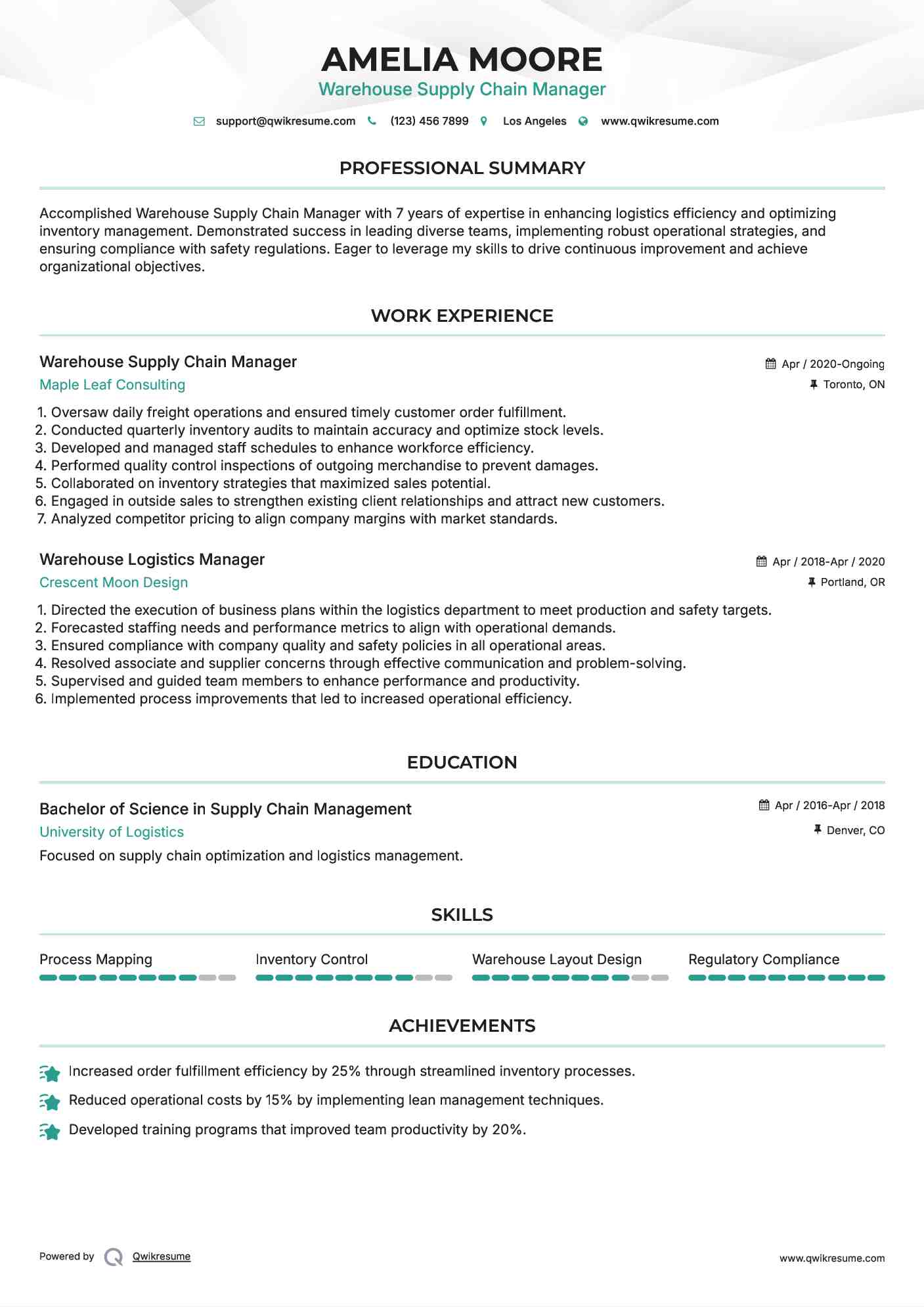 Warehouse Supply Chain Manager Resume Example