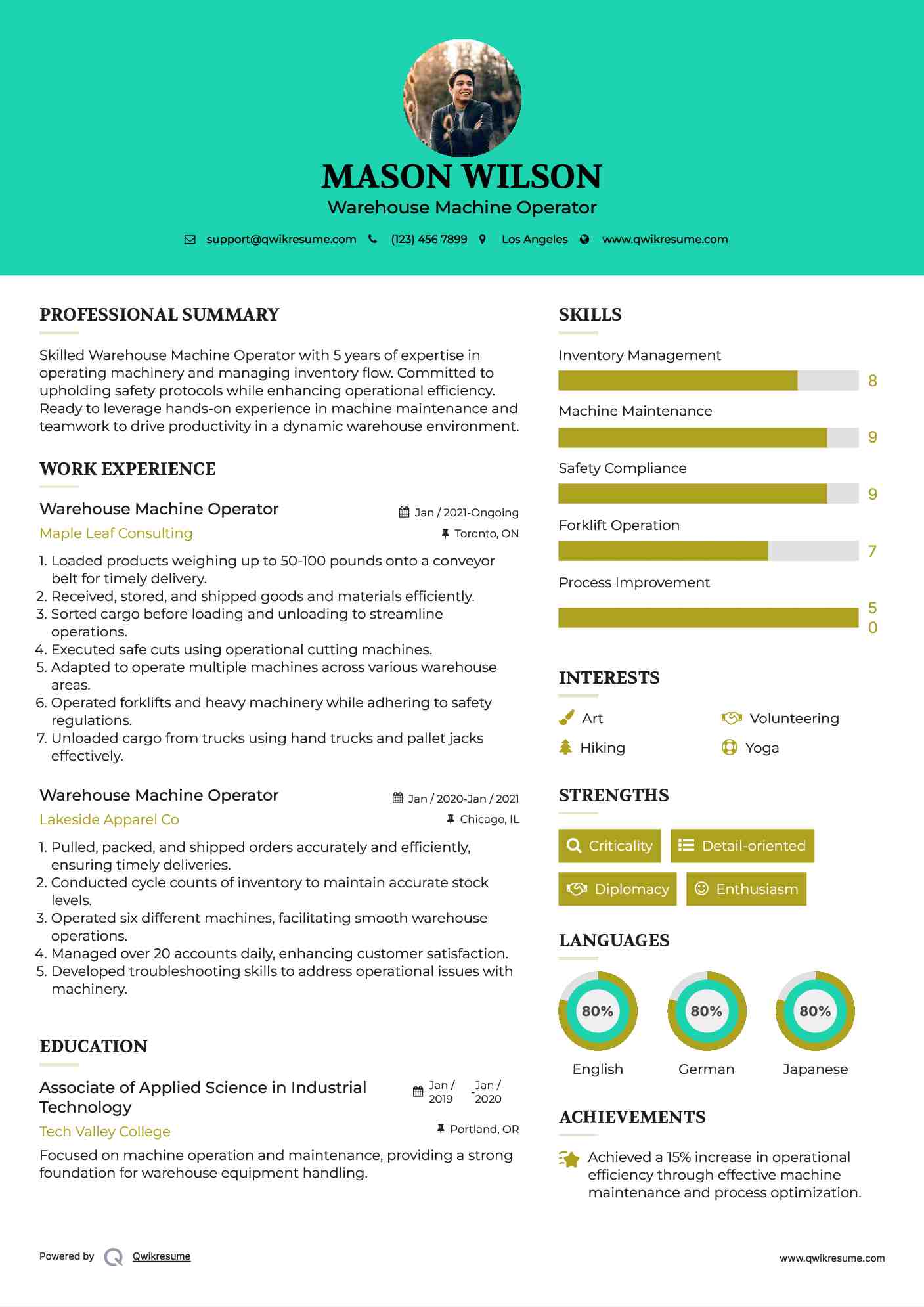 Warehouse Machine Operator Resume Sample