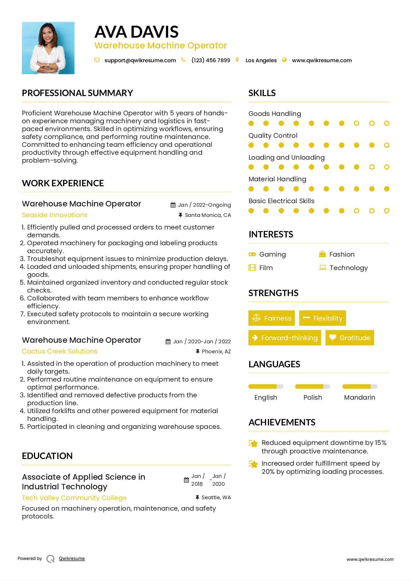 Warehouse Machine Operator Resume Format