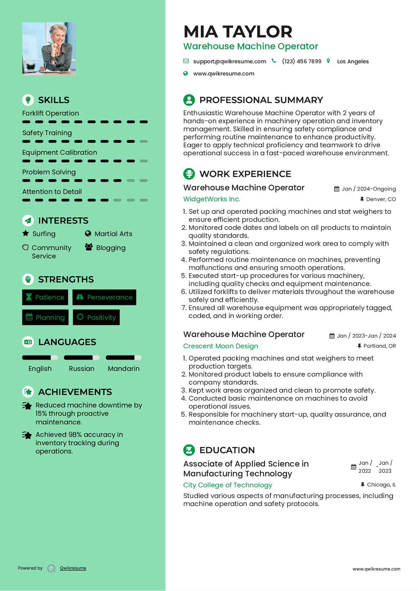 Warehouse Machine Operator Resume Example
