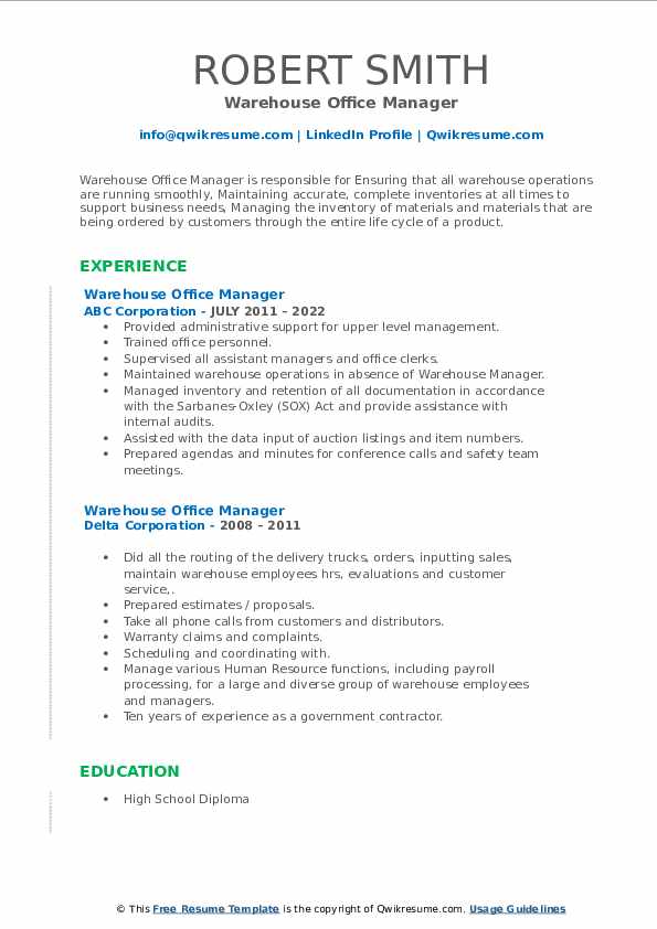 Warehouse Office Manager Resume Samples QwikResume