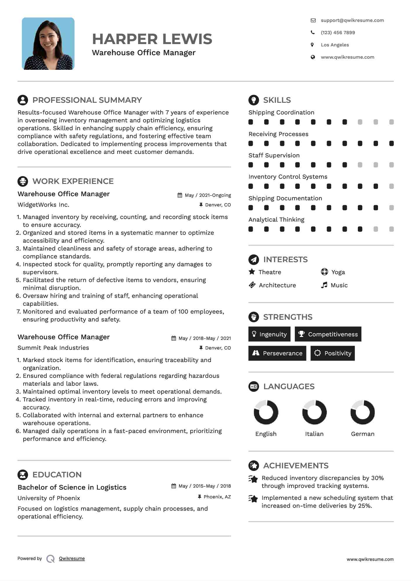 Warehouse Office Manager Resume Template