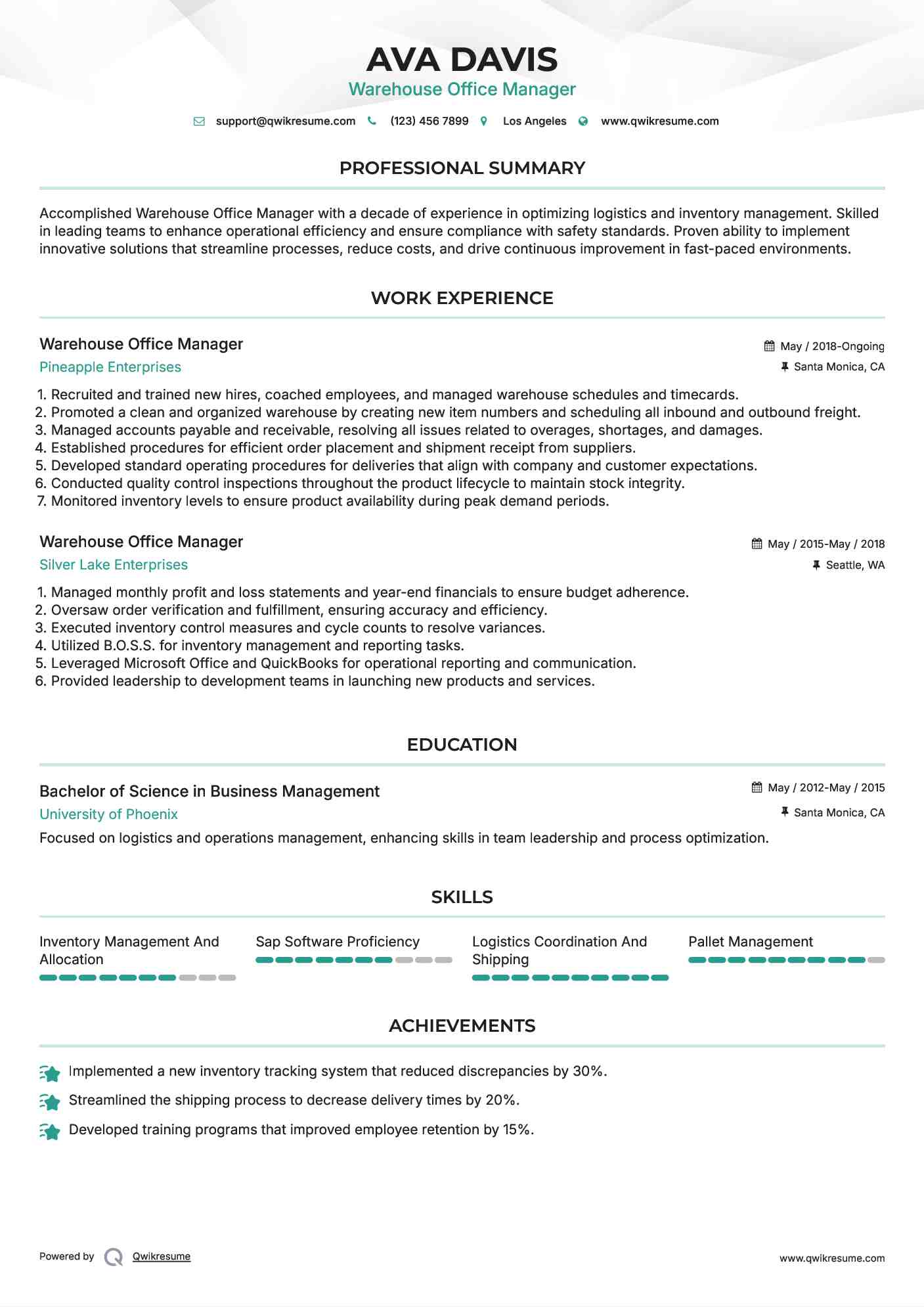 Warehouse Office Manager Resume Model