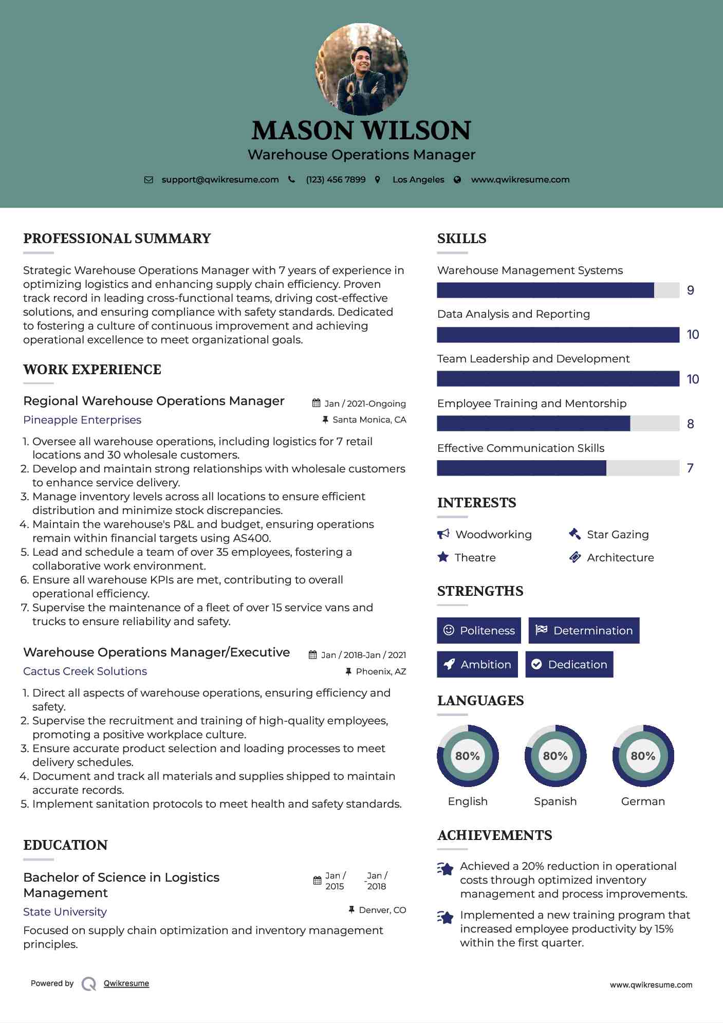 Regional Warehouse Operations Manager Resume Format