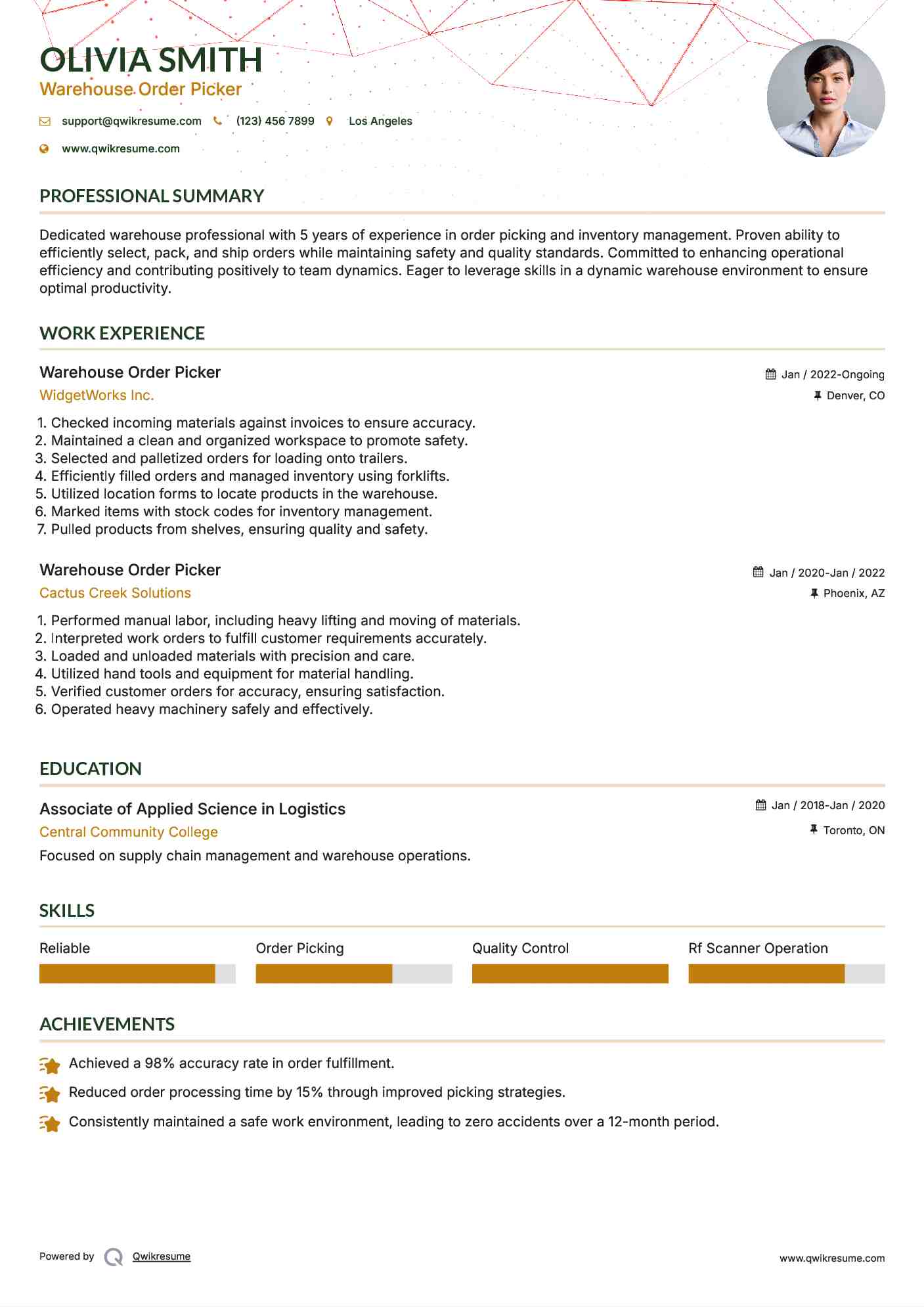 Warehouse Order Picker Resume Sample