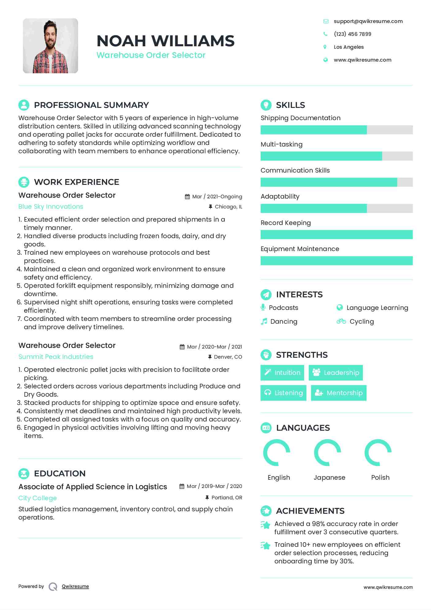 Warehouse Order Selector Resume Format