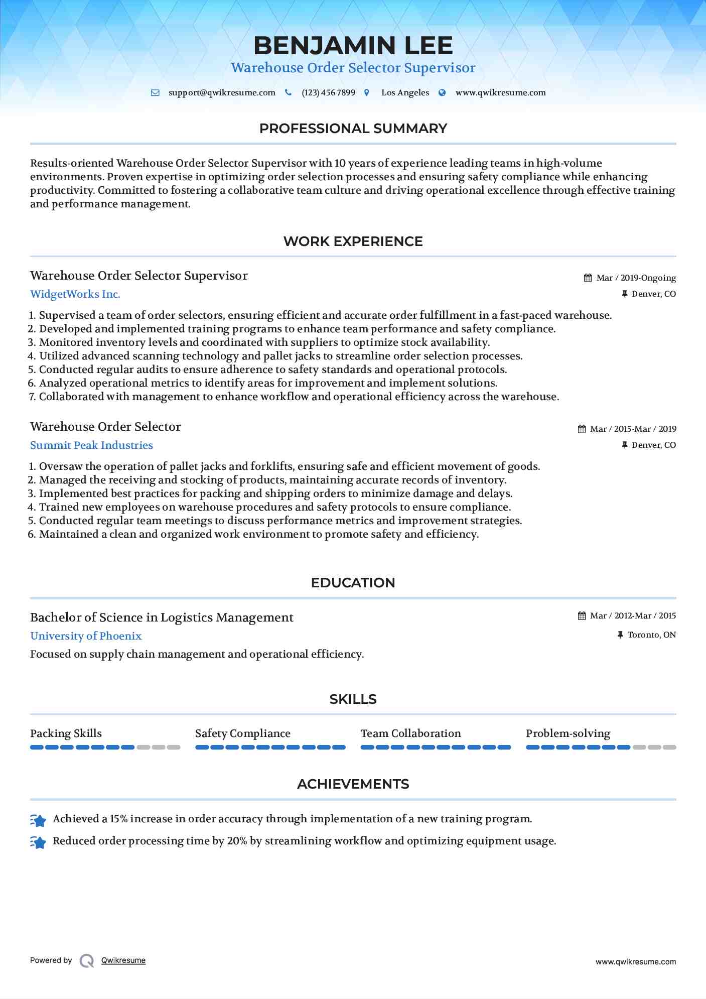 Warehouse Order Selector Supervisor Resume Format