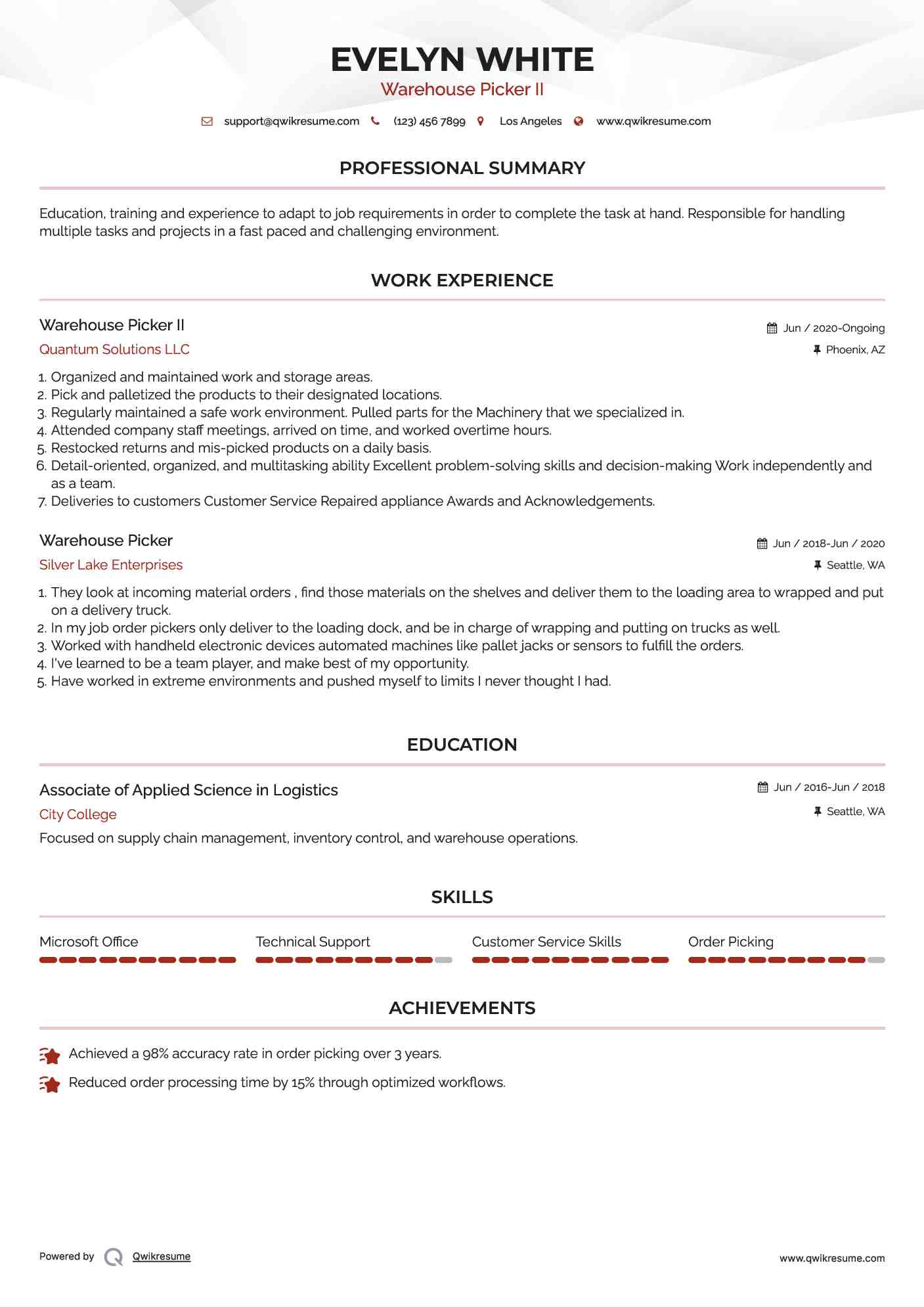 Warehouse Picker II Resume Example