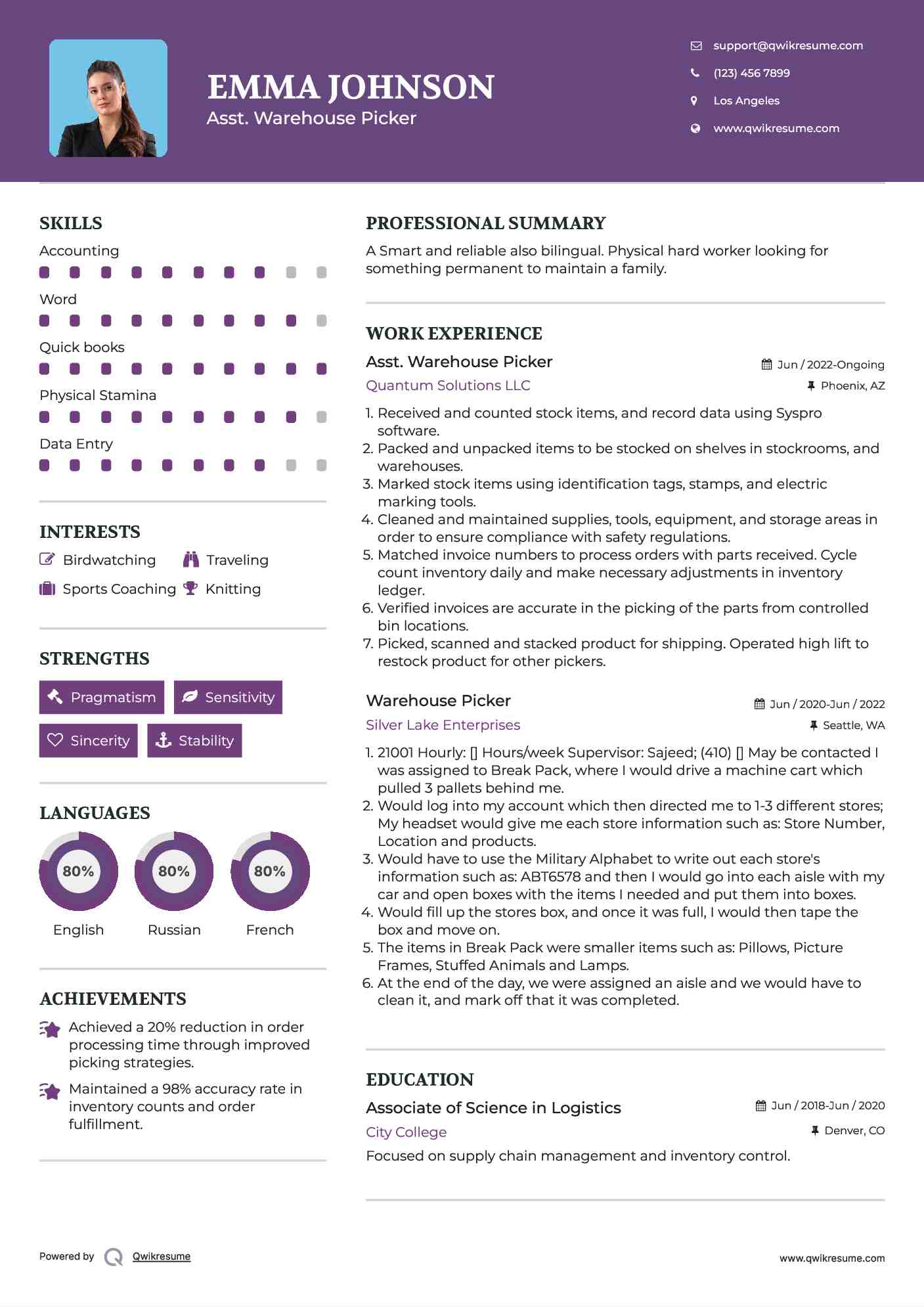 Asst. Warehouse Picker Resume Example