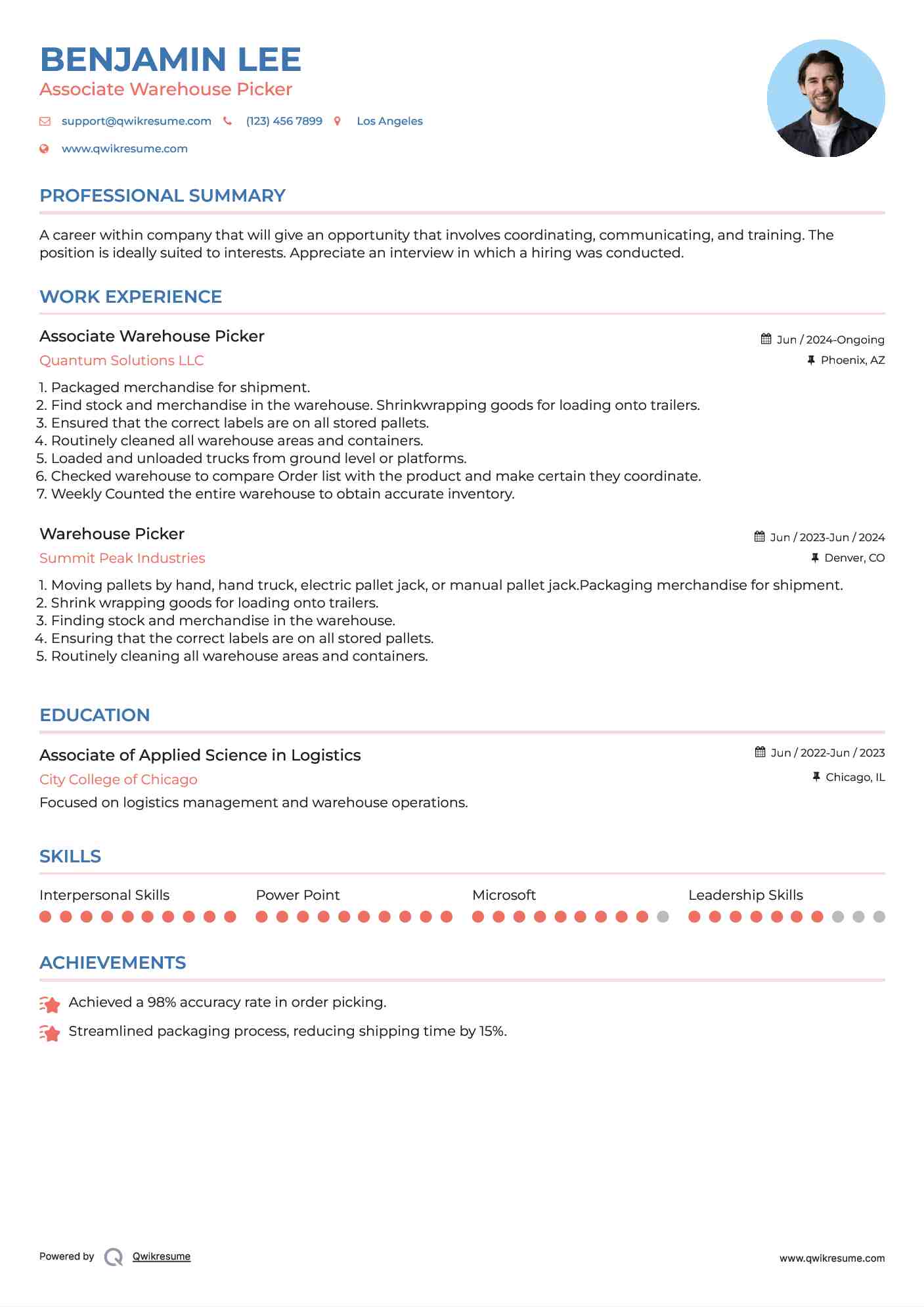 Associate Warehouse Picker Resume Model