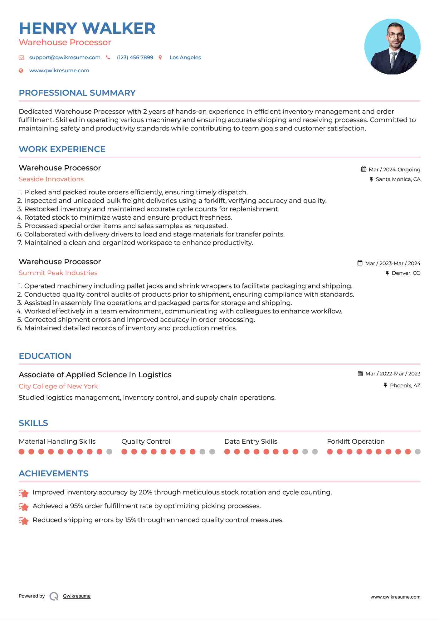 Warehouse Processor Resume Model