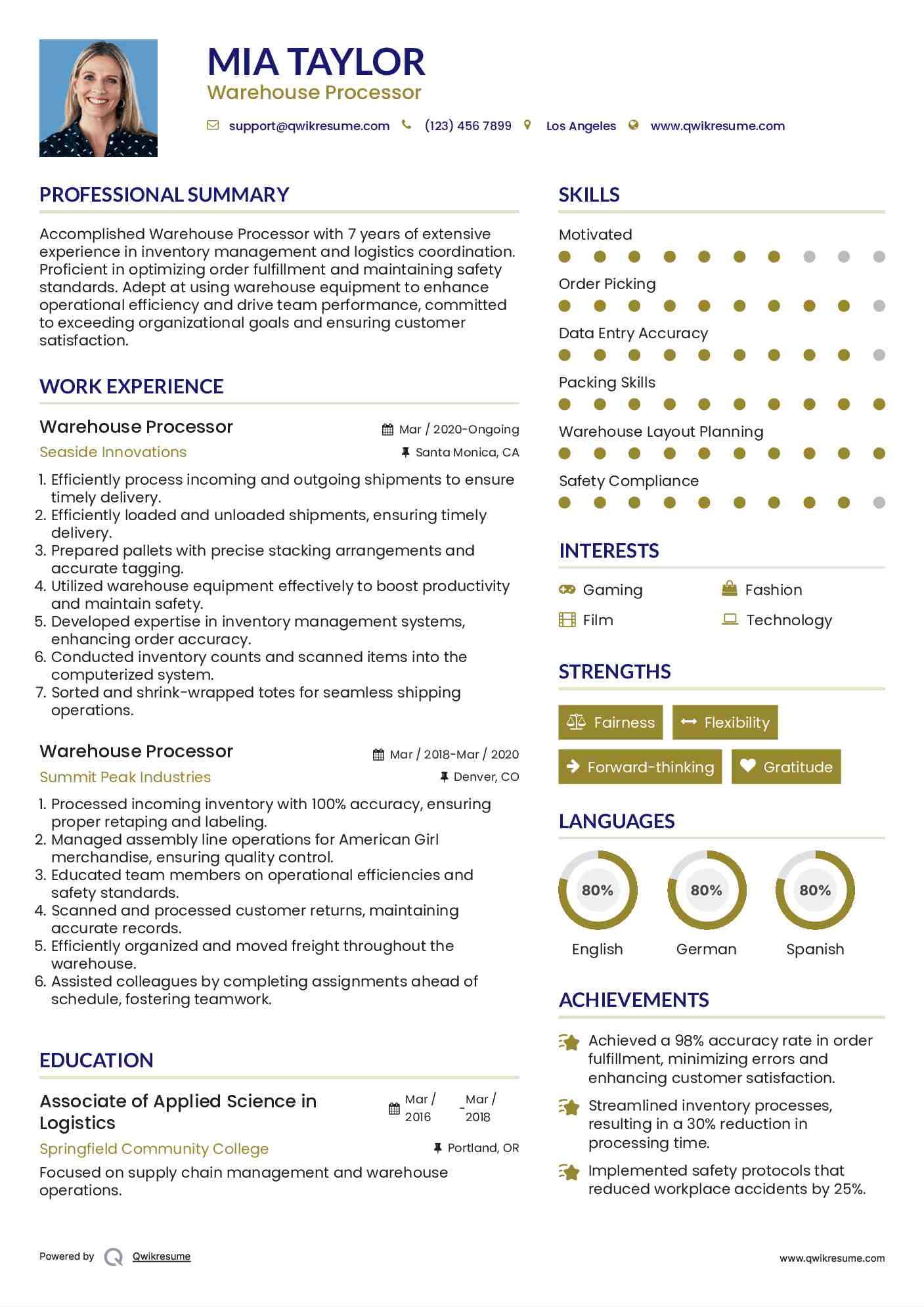 Warehouse Processor Resume Model