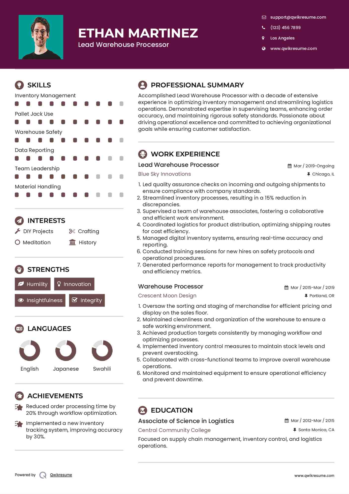 Lead Warehouse Processor Resume Template