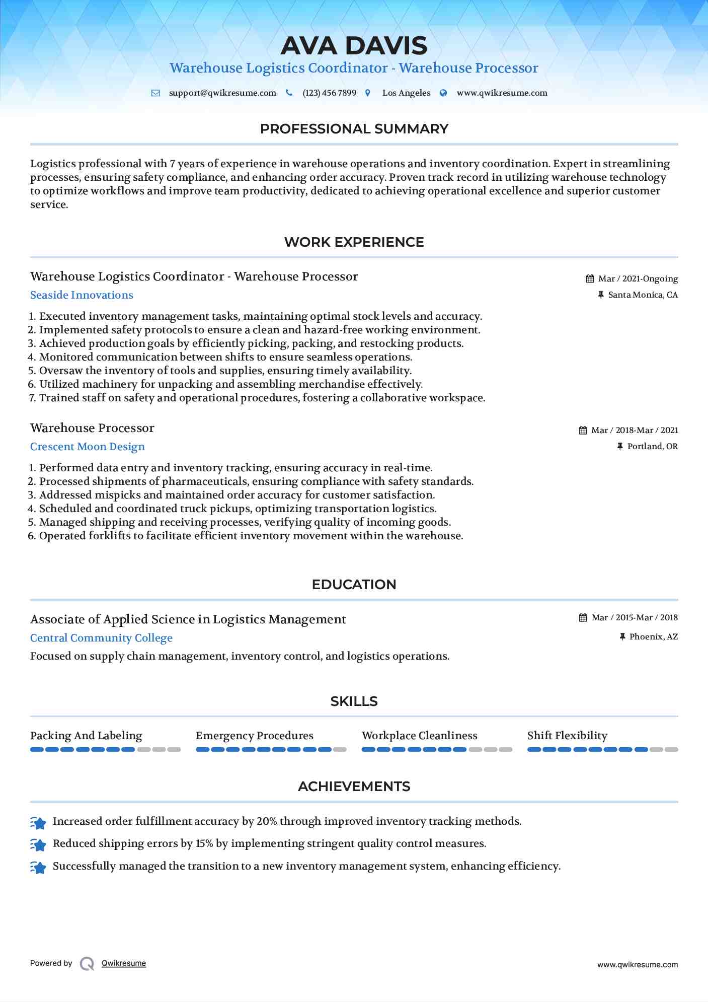 Warehouse Logistics Coordinator - Warehouse Processor Resume Example