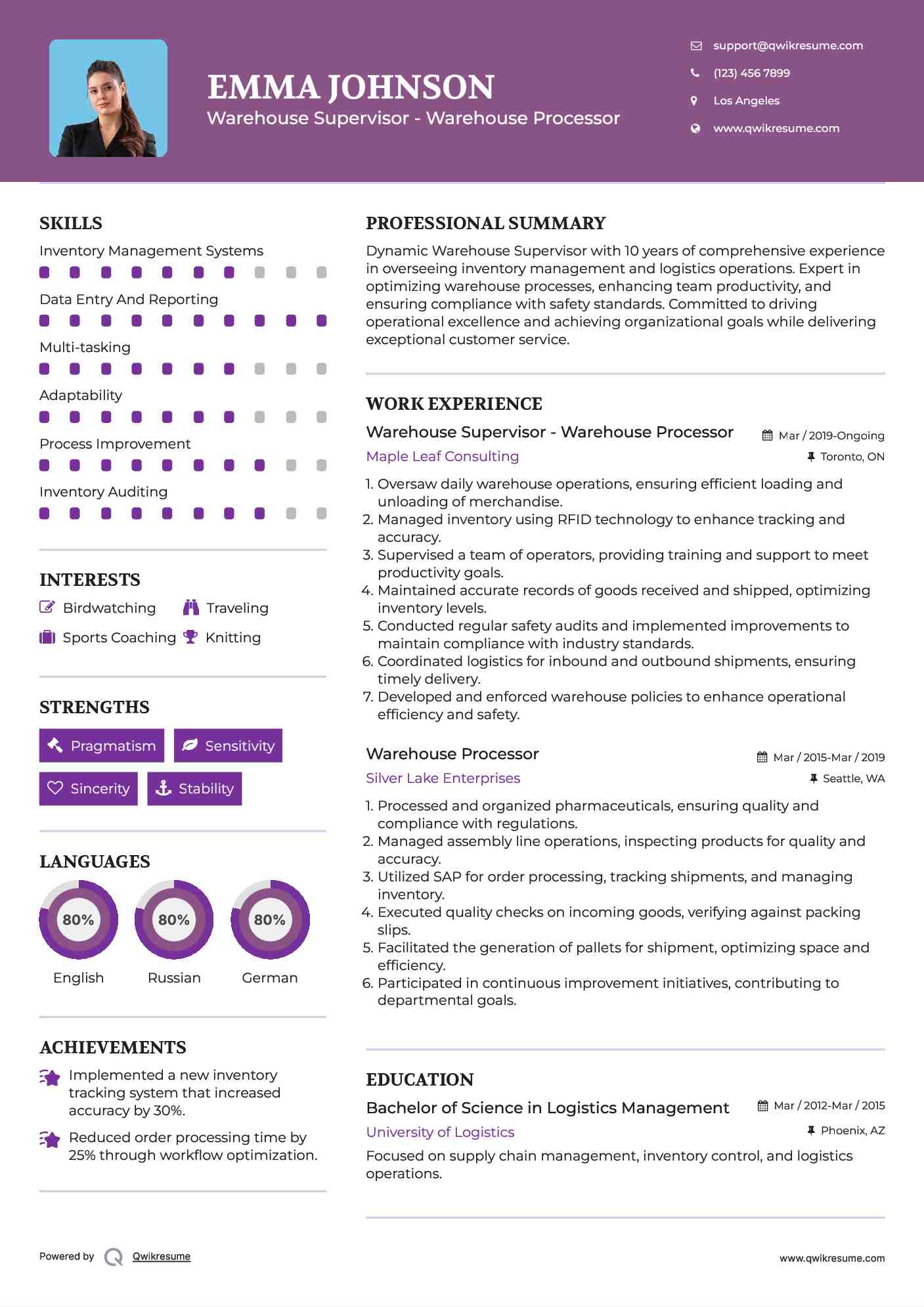Warehouse Supervisor - Warehouse Processor Resume Format