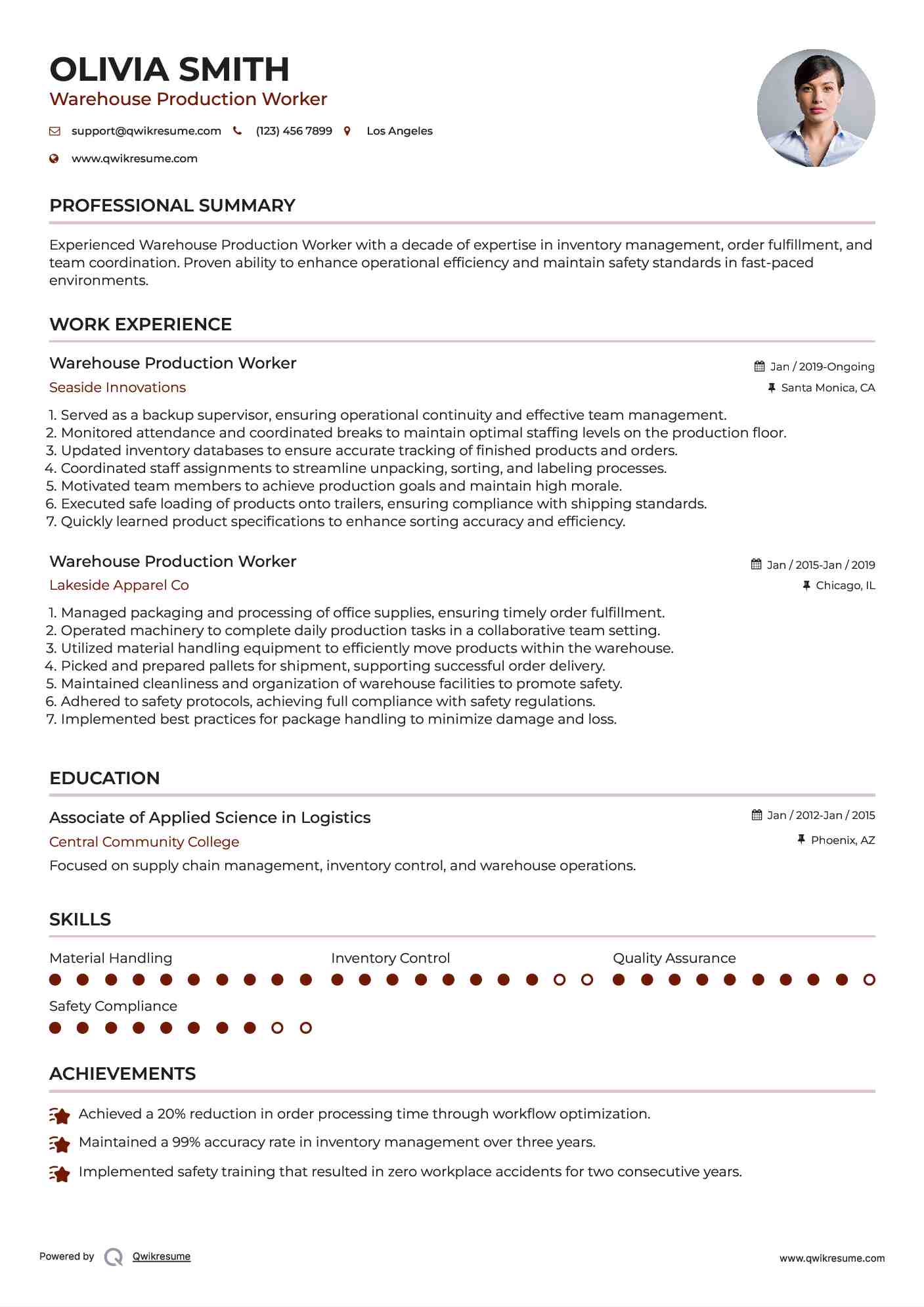Warehouse Production Worker Resume Example