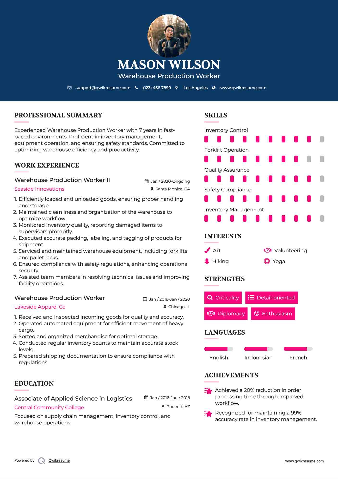 Warehouse Production Worker II Resume Model