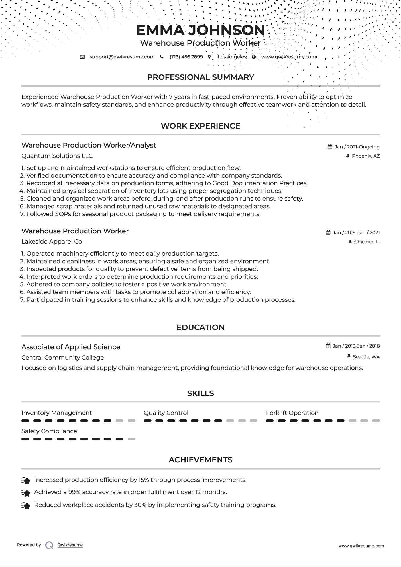 Warehouse Production Worker/Analyst Resume Sample
