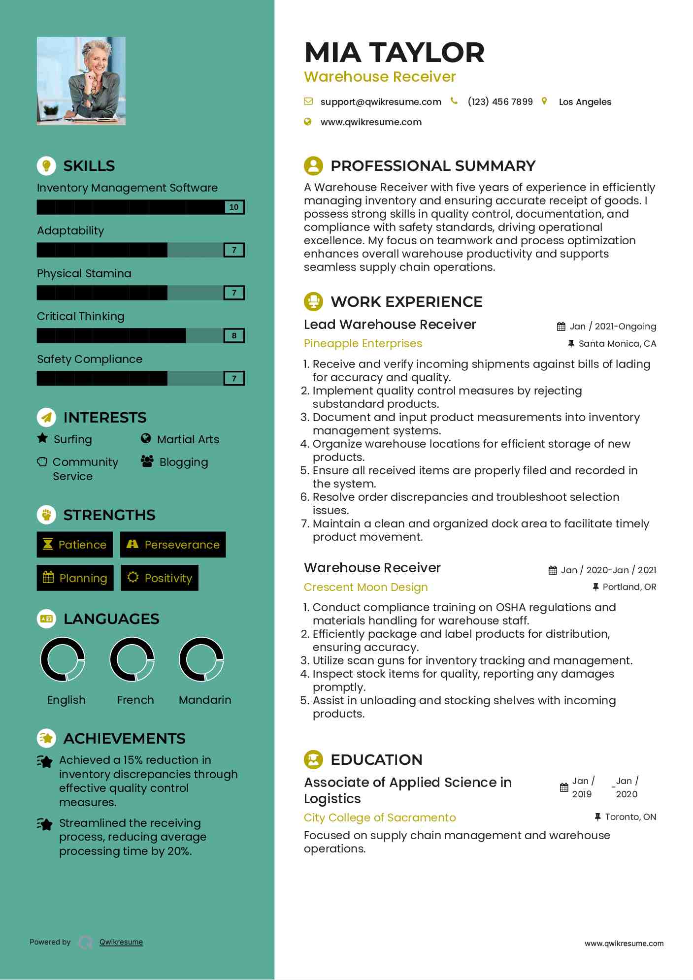 Lead Warehouse Receiver Resume Template
