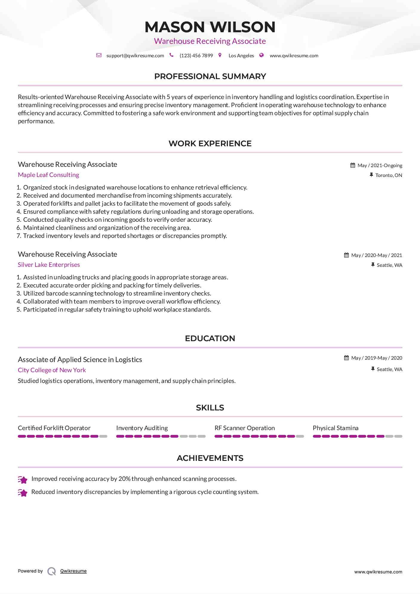 Warehouse Receiving Associate Resume Template